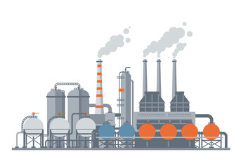 Flat illustration of a factory with tanks pipes and smokestacks emitting smoke © Donjuan Visual