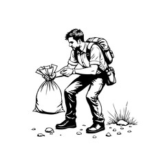 Illustration depicting a man with a backpack picking up trash and placing it in a bag showing environmental responsibility