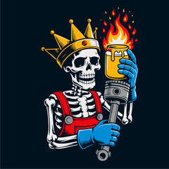 A skeleton wearing a crown and overalls holds a flaming engine part, suggesting a humorous or symbolic representation of mechanical prowess or mastery.