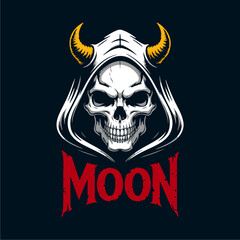 A stylized illustration of a skull wearing a hooded cloak and horns, with the word 