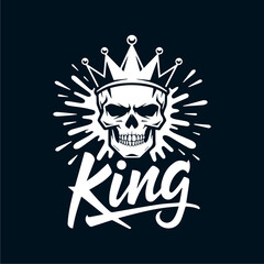 A skull wearing a crown with "King" text below, all in white against a dark blue background with a burst effect.