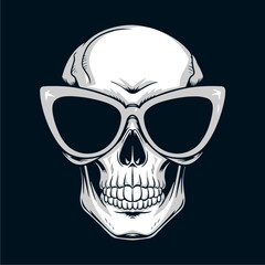 Skull wearing sunglasses, depicted in a detailed vector illustration against a dark background.