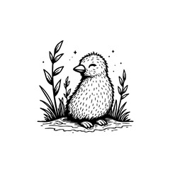 Delightful illustration of a fluffy baby bird resting peacefully among gentle foliage sketch perfect for nature themed projects