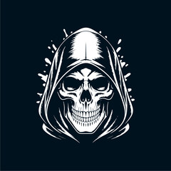 Grim reaper skull in a hooded cloak, detailed graphic design with ink splatters.