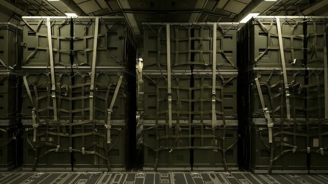 Internal view of military cargo plane with secured pallets, cinematic atmosphere showcasing logistics and transport within the aviation sector,