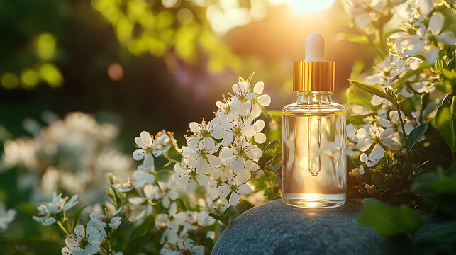 A glass bottle of perfume sits on a rock next to white flowers in sunlight.
