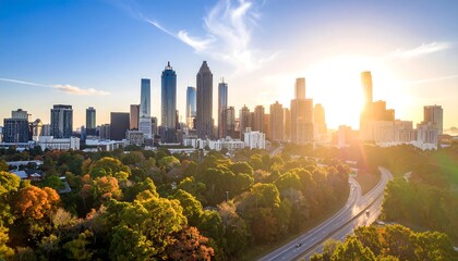 City skyline at sunrise