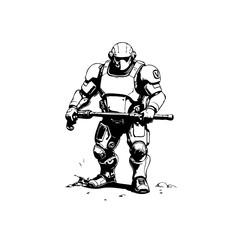 Futuristic space trooper ready for battle with weapon in hand ink drawing illustration sketch