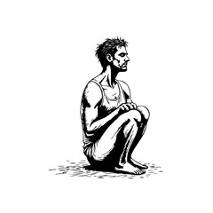 A black and white drawing showcases a contemplative man with a gaunt physique sitting squatting position pose