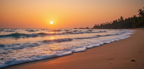 Obraz premium Tactile Beach Sunset Experience the Rich Textures of Sand and Sea in this Warm and Inviting Tropical Scene.