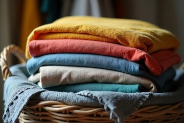Colorful fabric folded neatly in a wicker basket.