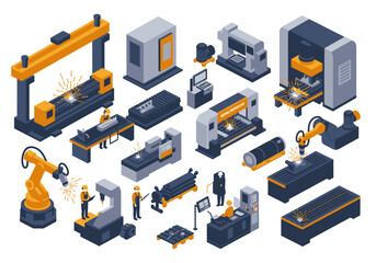 Isometric illustration factory machines robots welding workers wearing helmets