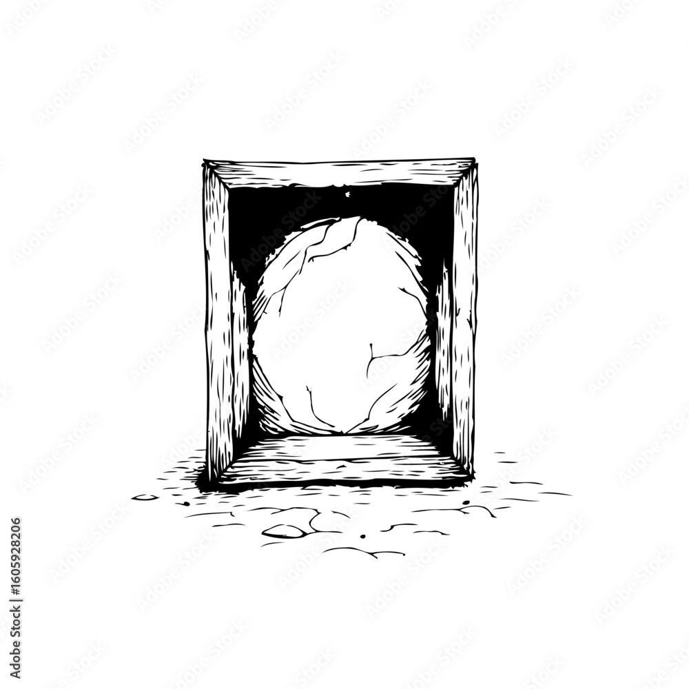 Poster cracked sphere enclosed within a dark bordered square creating an intriguing artistic visual represe