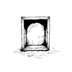 Cracked sphere enclosed within a dark bordered square creating an intriguing artistic visual representation and creative symbol