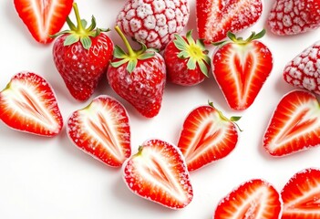 Sweet, glistening sugar-coated strawberry slices on a white background, fresh, sugar