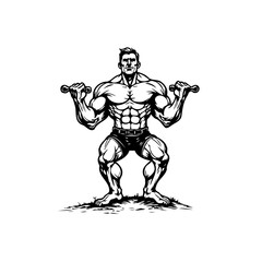 Powerful bodybuilder lifting weights in a graphic black and white vector illustration style displaying intense fitness