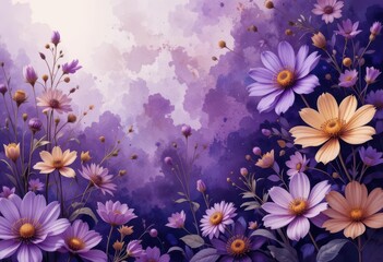  Mystical Floral Blend An abstract watercolor scene mixing purple and gold flowers to create a magical and eye catching