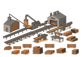 Isometric sawmill illustration with logs machinery and finished lumber stacks