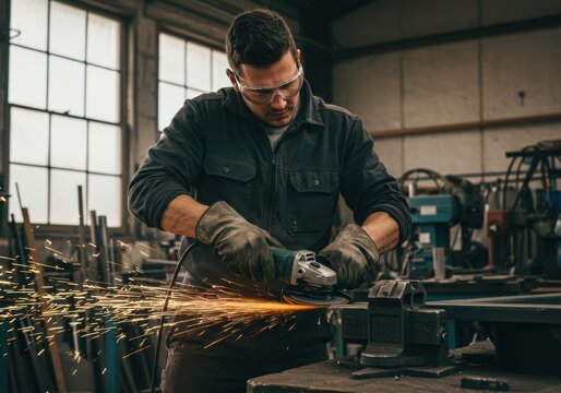 Metalworker Grinding Steel with Safety Gear in Workshop - Powered by Adobe