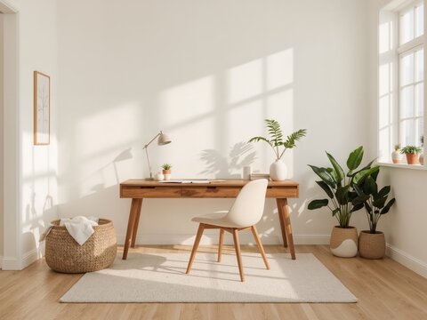 Fototapeta Serene Scandinavian Home Office with Wooden Desk and Natural Light a Harmonious Workspace in Minimalist Design