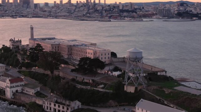 Alcatraz Island, USA. The former prison is a popular tourist destination, offering tours and historical exhibits. The island is located in the San Francisco Bay.