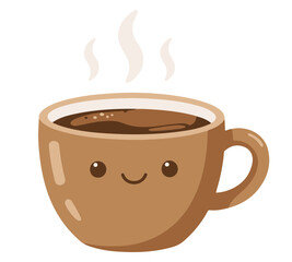 Cartoon illustration of a steaming coffee cup with a cute, smiling face.