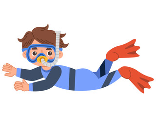 Cartoon Illustration of Boy Snorkeling Underwater