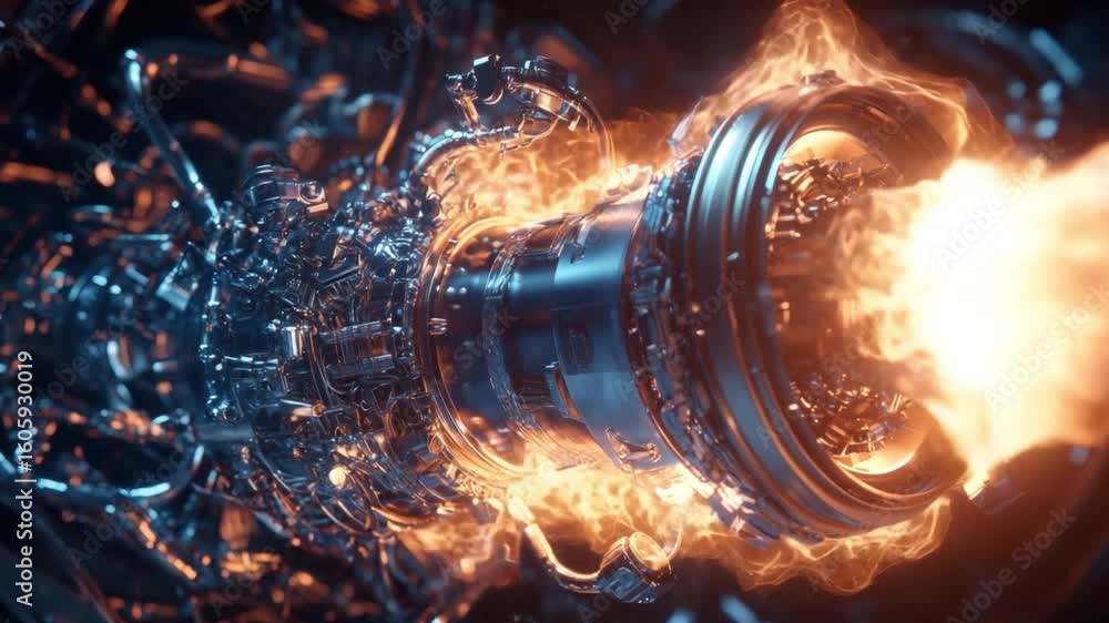 Poster futuristic engine technology with flames and complex machinery in a dark background