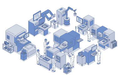 Isometric view of a semiconductor or microchip manufacturing facility with workers and robotic arms