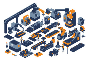Isometric view of an automated industrial factory floor with robots and workers performing various manufacturing tasks