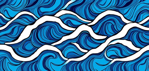 Abstract blue wave seamless pattern, textured water surface, mosaic design  hand-drawn doodle style vector illustration,  sea,  wallpaper