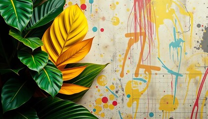 Vibrant tropical leaves contrast a gritty grunge backdrop with dynamic paint splatters,  tropical,   high resolution