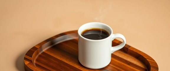 Steaming coffee in a simple white mug on a rustic wooden tray, beige backdrop,  beige,  minimal