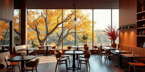 Modern minimalist cafe, autumn tree theme, natural wood, warm lighting,  fall,  lines