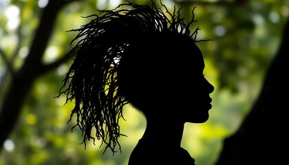 Dark silhouette, intricate twig hairstyle, nature, individuality,  leaves,   rustic