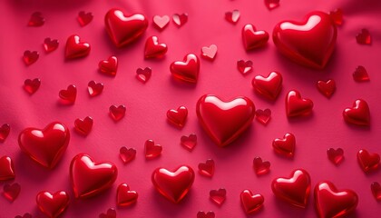 Glossy red hearts scattered on a soft red velvet background,  valentine's day,  abstract