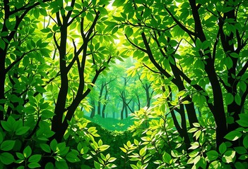 Intricate paper cut forest, vibrant green leaves, sunlight dappled, eco friendly backdrop,  sunlight,  template