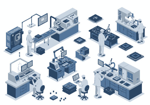 Isometric view of semiconductor lab with technicians at workbenches  machinery blue tones