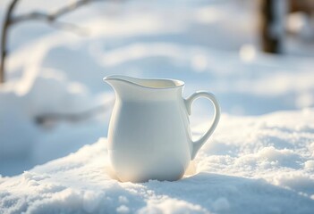 Sleek white ceramic milk creamer, snowy scene,  hygge,  background
