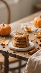 Pumpkin spice cookies stacked with twine on rustic table