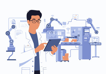 Man in lab coat operates factory machinery with a tablet in a modern industrial setting