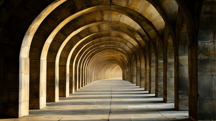 Obraz premium A long corridor with arched ceilings and concrete walls.
