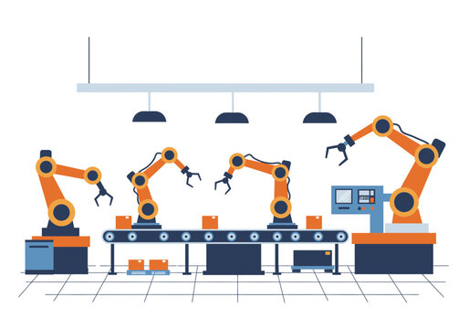 Orange robotic arms manipulate boxes on a conveyor belt in a factory setting under hanging lamps