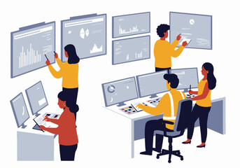 People work at computers and displays showing charts graphs and data in a modern office setting