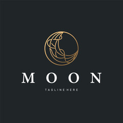 Moon logo design with a simple line concept as a product brand template or poster with a night sky view with an elegant and modern line moon.