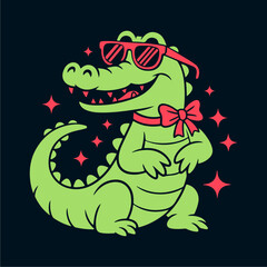A stylish, smiling crocodile wearing sunglasses and a bow tie, surrounded by sparkling stars.