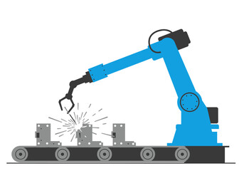 Robotic arm welds gray objects on a conveyor belt sparks flying