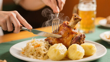 Oktoberfest Schweinshaxe: Roasted Pork Knuckle with Dumplings and Sauerkraut - High-quality stock image for commercial use