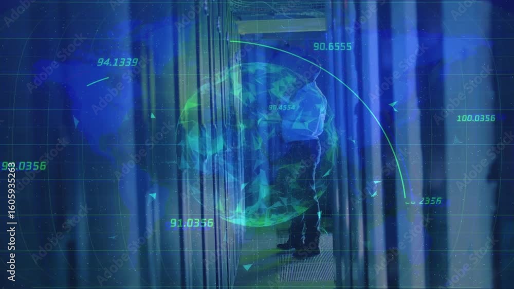 Poster it technician walking into server aisle inspecting cables with digital globe updating diagnostics