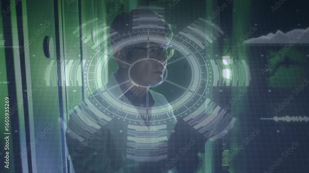 Poster technician scientist initiating facial scanning for id check in research lab hud waveform pulsing